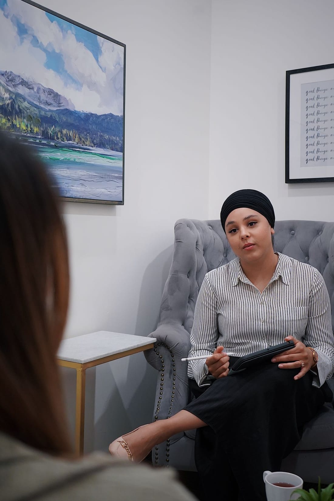 Calm, supportive counselling session, representing mental health care